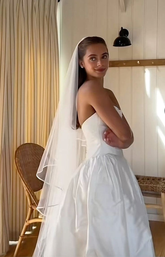 Vestido de novia de ensueño, sin tirantes, de satén blanco, DH731