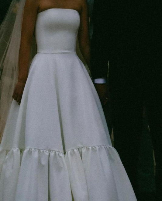 Vestido de novia de ensueño, sin tirantes, de satén blanco, DH731