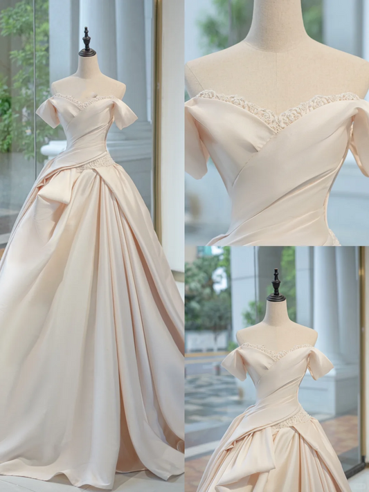 Vestido de novia atemporal, vestido de fiesta con hombros descubiertos, satén largo, rosa claro, elegante, DH731