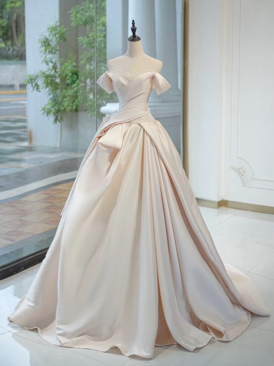 Vestido de novia atemporal, vestido de fiesta con hombros descubiertos, satén largo, rosa claro, elegante, DH732