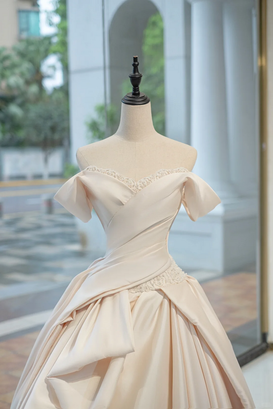 Vestido de novia atemporal, vestido de fiesta con hombros descubiertos, satén largo, rosa claro, elegante, DH732
