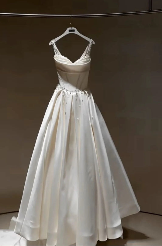Vestido de novia único, largo, de satén, con tirantes y cuello de pico, elegante, DH732