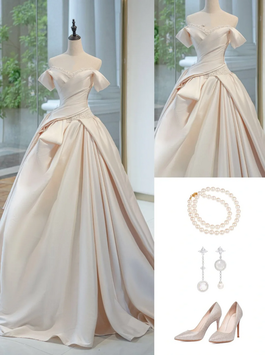 Vestido de novia atemporal, vestido de fiesta con hombros descubiertos, satén largo, rosa claro, elegante, DH731