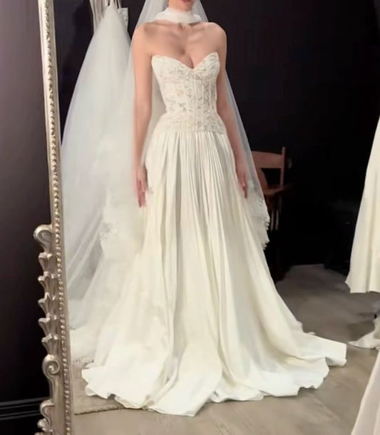 Vestido de novia elegante y clásico, corte corazón, satén blanco, DH733