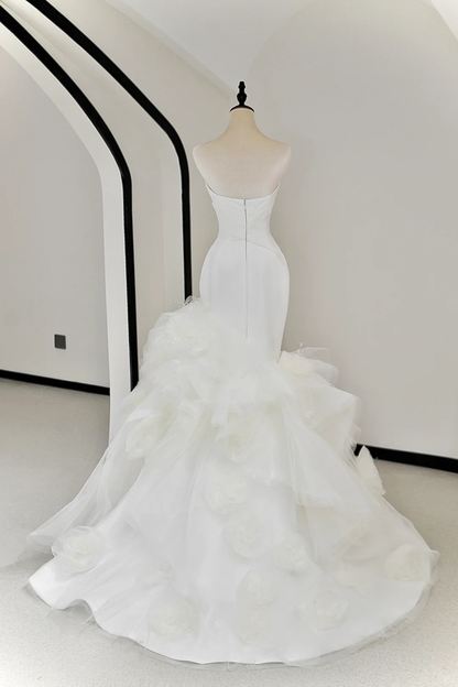 Vestido de novia único de sirena sin tirantes, de satén blanco, largo, elegante, DH734