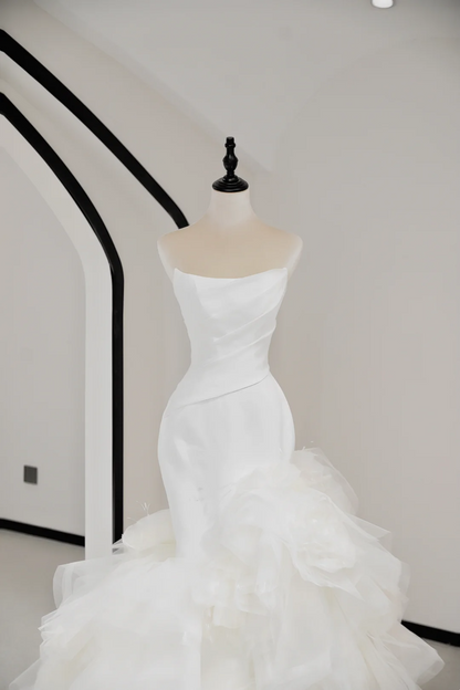 Vestido de novia único de sirena sin tirantes, de satén blanco, largo, elegante, DH734