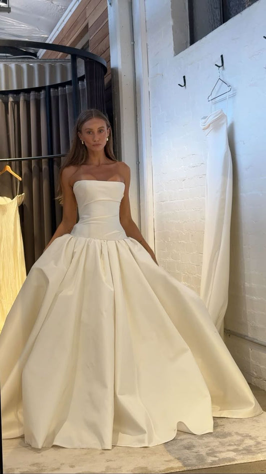 Vestido de novia elegante y clásico, sin tirantes, de satén, largo, DH735