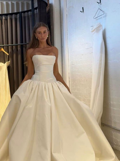 Vestido de novia elegante y clásico, sin tirantes, de satén, largo, DH735