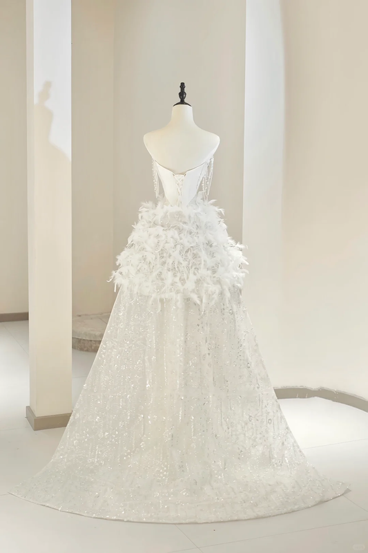 Vestido de novia único, corte A, escote corazón, satén blanco, largo, con cuentas plateadas, elegante, DH736