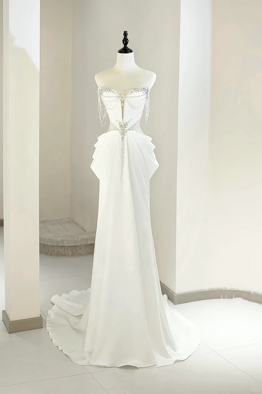 Vestido de novia único, corte A, escote corazón, satén blanco, largo, con cuentas plateadas, elegante, DH736