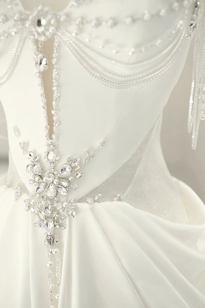 Vestido de novia único, corte A, escote corazón, satén blanco, largo, con cuentas plateadas, elegante, DH738