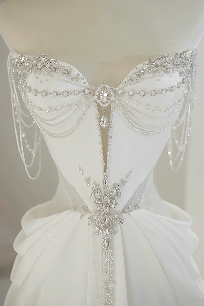 Vestido de novia único, corte A, escote corazón, satén blanco, largo, con cuentas plateadas, elegante, DH736