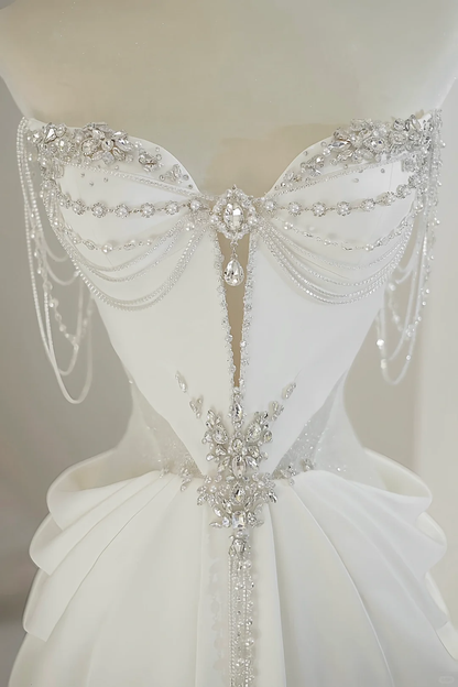 Vestido de novia único, corte A, escote corazón, satén blanco, largo, con cuentas plateadas, elegante, DH736