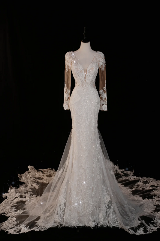 Vestido de novia atemporal de corte sirena, escote en V, mangas largas, encaje, elegante, DH737