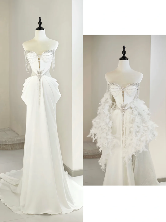 Vestido de novia único, corte A, escote corazón, satén blanco, largo, con cuentas plateadas, elegante, DH738