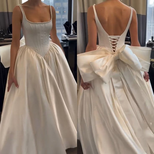 Vestido de novia clásico, vestido de fiesta, escote cuadrado, sin mangas, satén blanco, vestidos de novia minimalistas DH739
