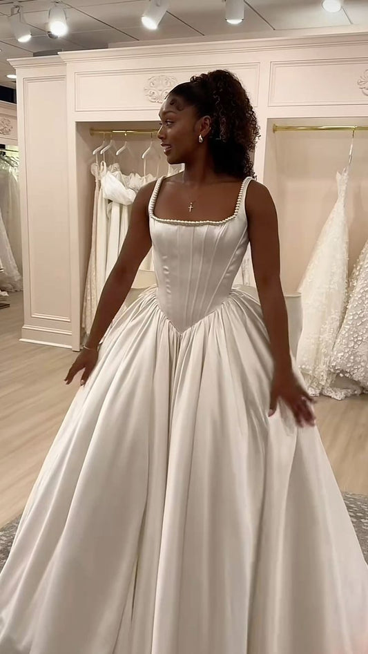 Vestido de novia clásico, vestido de fiesta, escote cuadrado, sin mangas, satén blanco, vestidos de novia minimalistas DH739