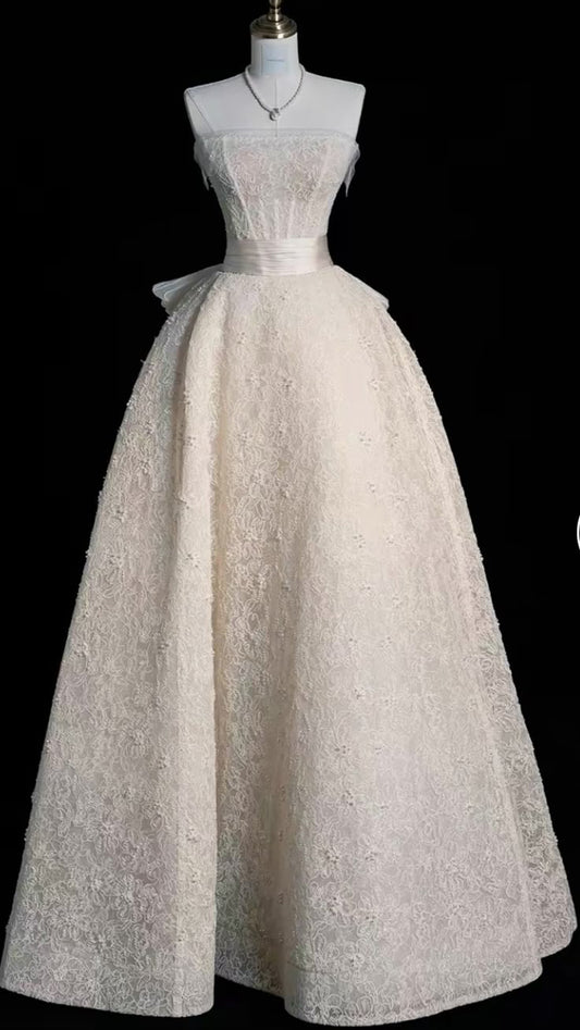 Vestido de novia único, vestido de fiesta, escote sin tirantes, encaje, largo, elegante, DH741