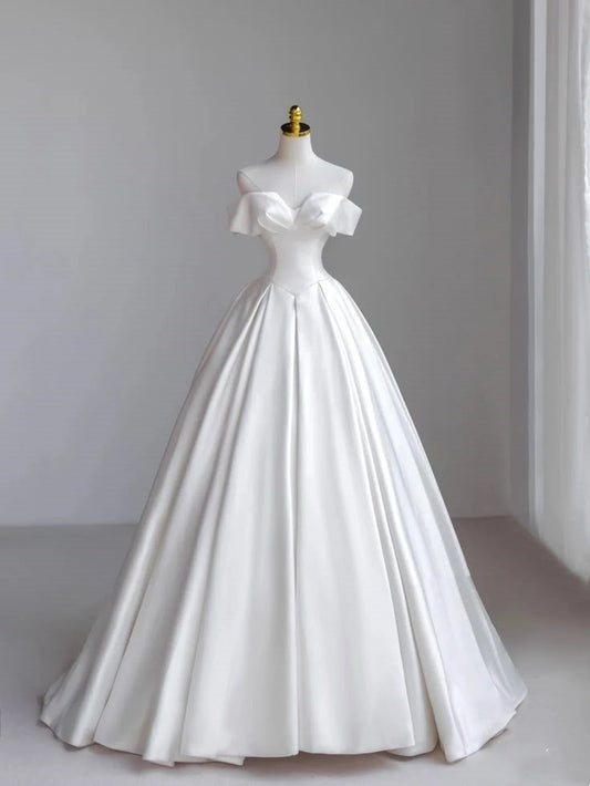 Vestido de novia clásico, de gala, con hombros descubiertos, mangas cortas, de satén blanco, estilo minimalista, DH742