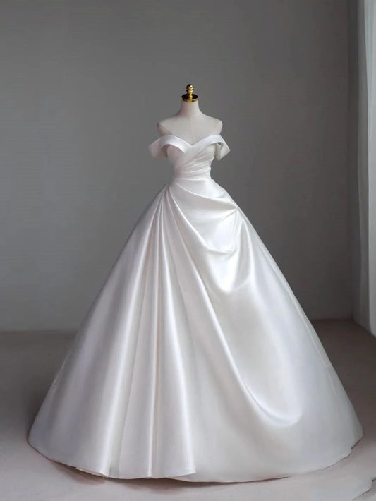 Vestido de novia clásico, de gala, con hombros descubiertos, mangas cortas, de satén blanco, estilo minimalista, DH743