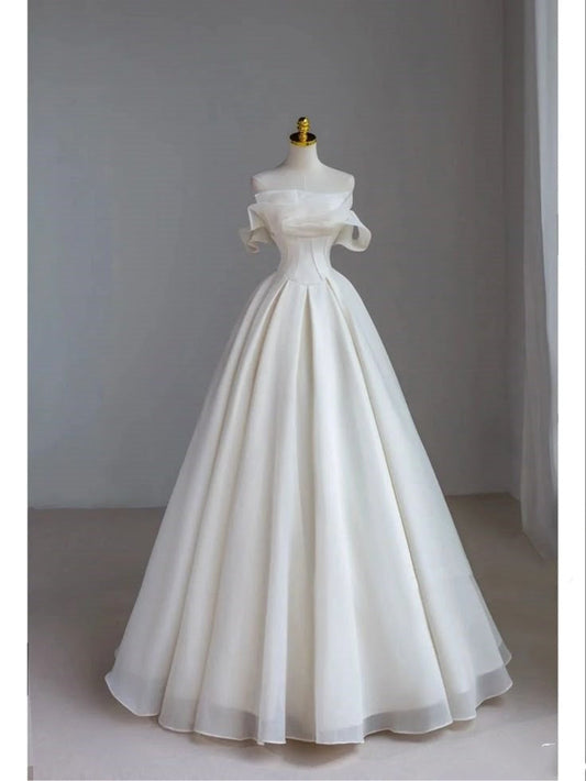 Vestido de novia clásico, vestido de fiesta, hombros descubiertos, mangas cortas, satén blanco, elegante, DH744