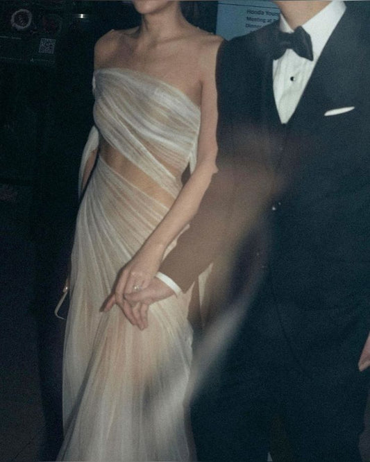 Vestido de novia clásico, sin tirantes, de tul, largo, blanco, elegante, DH745