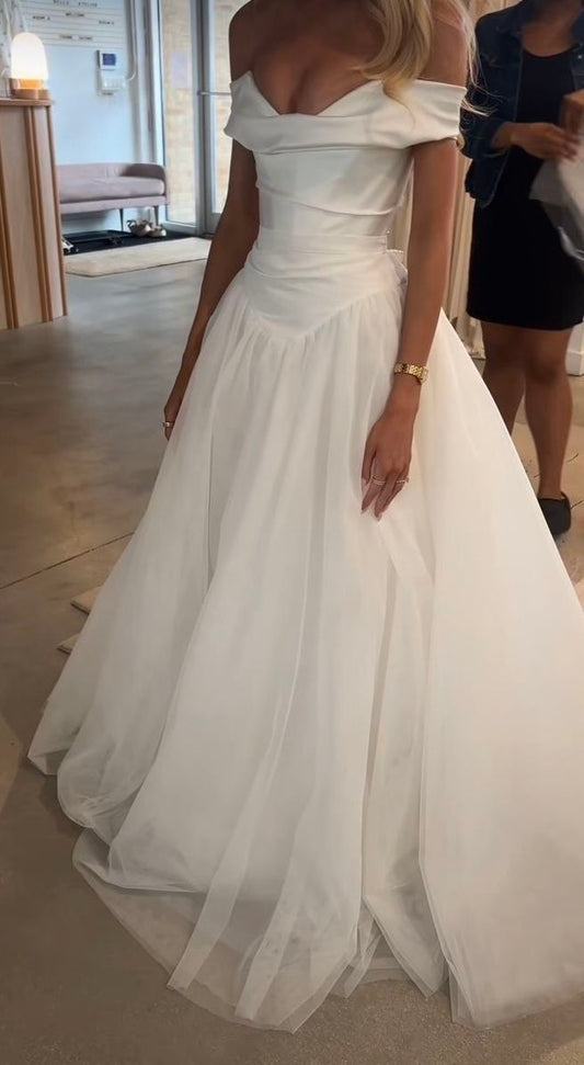 Vestido de novia clásico, de gala, con hombros descubiertos, mangas cortas, de satén blanco, estilo minimalista, DH746