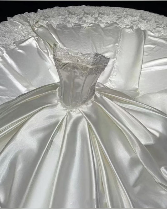 Vestido de novia elegante y clásico, sin tirantes, de satén y encaje, largo, DH748