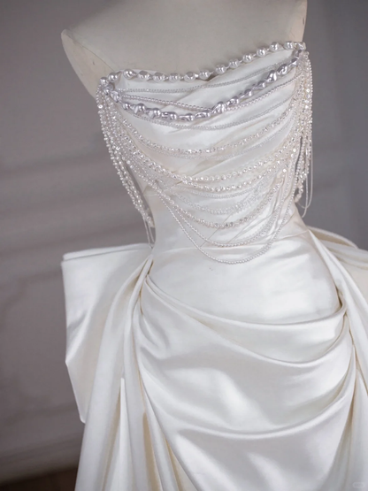 Vestido de novia clásico, corte en forma de corazón, satén, largo, blanco, elegante, DH749