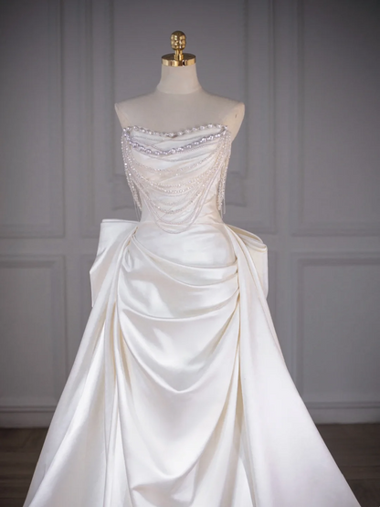 Vestido de novia clásico, corte en forma de corazón, satén, largo, blanco, elegante, DH749