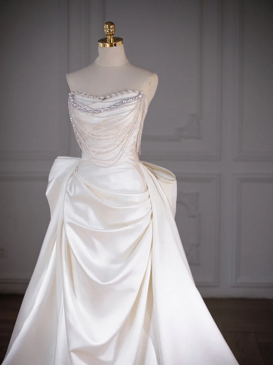 Vestido de novia clásico, corte en forma de corazón, satén, largo, blanco, elegante, DH749
