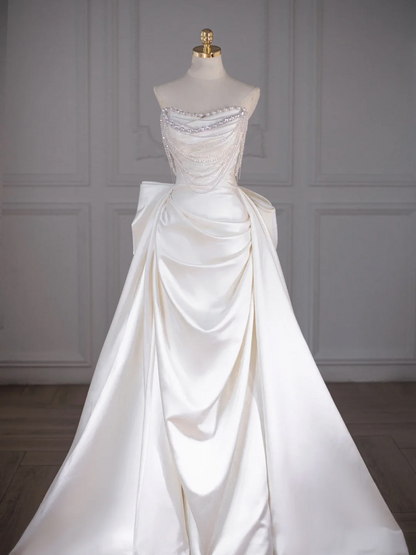 Vestido de novia clásico, corte en forma de corazón, satén, largo, blanco, elegante, DH749