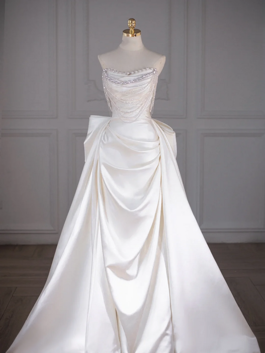 Vestido de novia clásico, corte en forma de corazón, satén, largo, blanco, elegante, DH749