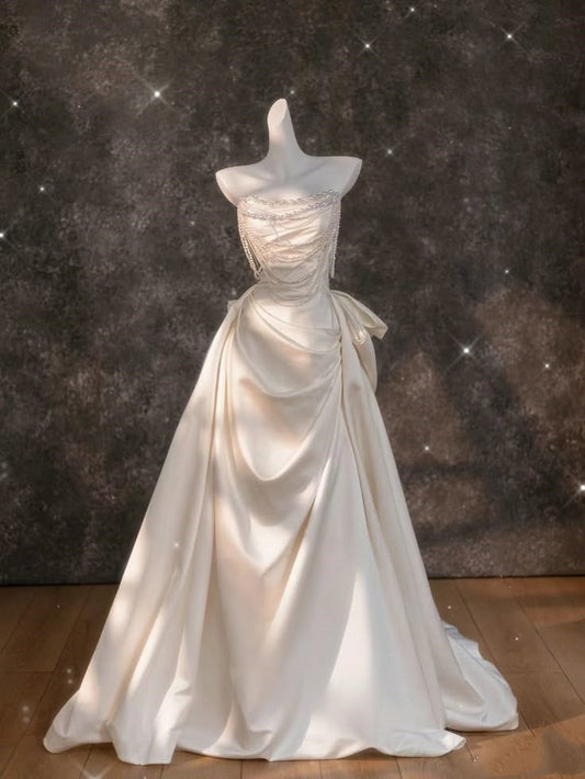 Vestido de novia clásico, corte en forma de corazón, satén, largo, blanco, elegante, DH750