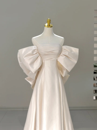 Vestido de novia clásico, corte A, hombros descubiertos, manga corta, satén blanco, estilo minimalista, DH752