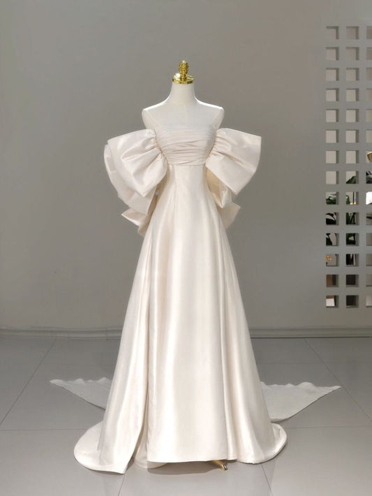 Vestido de novia clásico, corte A, hombros descubiertos, manga corta, satén blanco, estilo minimalista, DH752