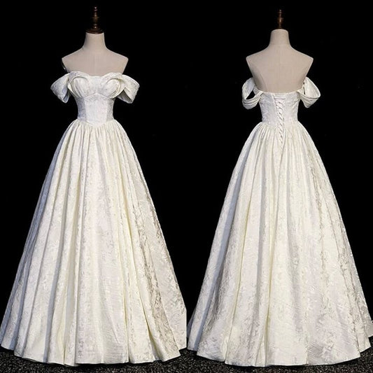 Vestido de novia clásico, corte A, hombros descubiertos, manga corta, encaje, blanco, minimalista, DH753