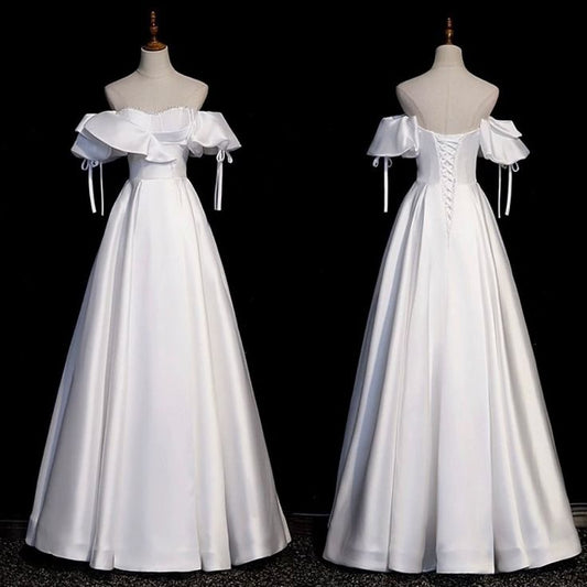 Vestido de novia clásico, corte A, hombros descubiertos, manga corta, satén blanco, estilo minimalista, DH754