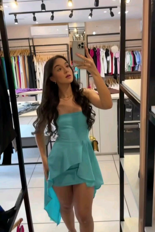 Lindo vestido de fiesta azul Tiffany, corto, sin tirantes, sin mangas, estilo mini, formal, para octavo grado, vestido de verano para escuela secundaria, atuendos para fiesta de bienvenida, vestido para 25 años DH754