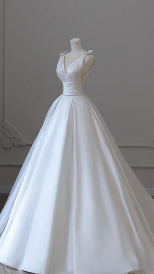 Vestido de novia clásico, vestido de fiesta, escote en V, satén, largo, blanco, elegante, DH756