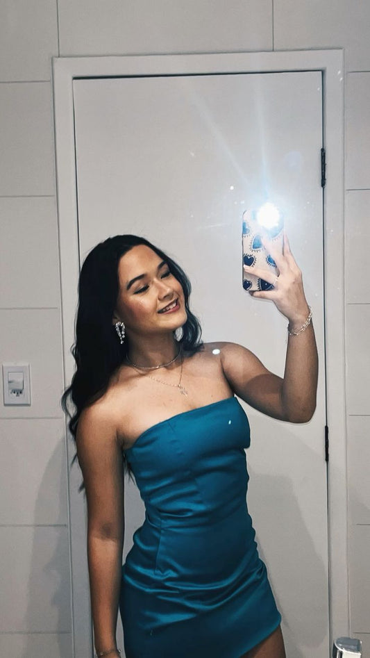Vestido corto azul sin tirantes, sin mangas, estilo mini, formal, para octavo grado, de verano, para escuela secundaria, para el regreso a casa, para el 25.º cumpleaños, DH760