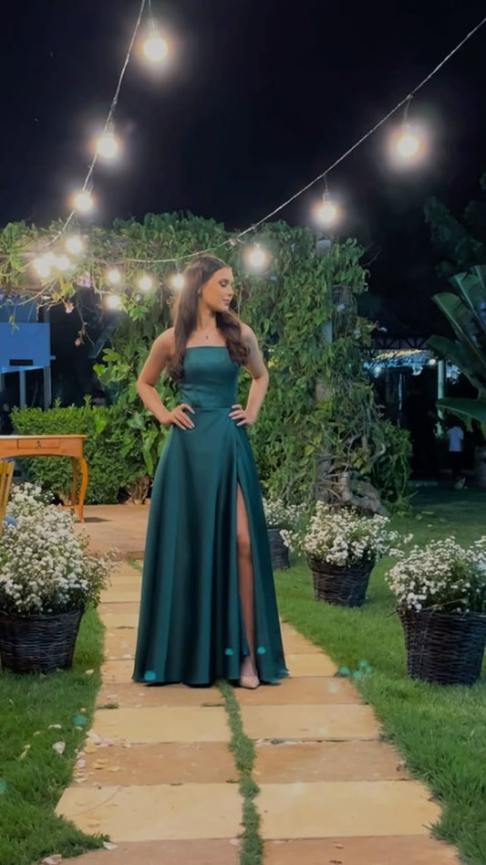 Elegante vestido de fiesta largo de satén verde con tirantes finos y corte en A, para verano, para celebrar 20 cumpleaños y 18 años, DH761