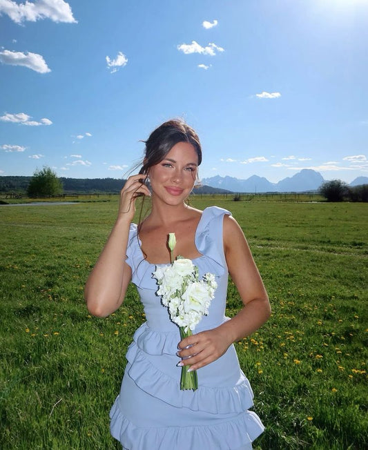 Vestido corto de gasa azul con escote cuadrado y corte en A, sexy, para fiesta de 8.º grado, de verano, para escuela secundaria, para el regreso a casa, para el 18.º cumpleaños, DH766