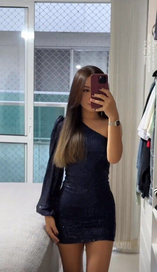 Vestido corto azul marino con lentejuelas, sexy, de un solo hombro, para fiesta de 8.º grado, de verano, para escuela secundaria, para fiesta de bienvenida, para cumpleaños número 18, DH768