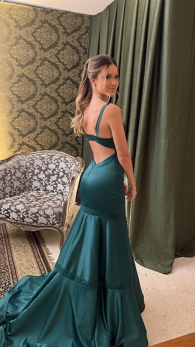 Elegante vestido de fiesta largo de satén verde con tirantes de sirena para verano, ideal para cumpleaños número 20 y cumpleaños número 18, DH772