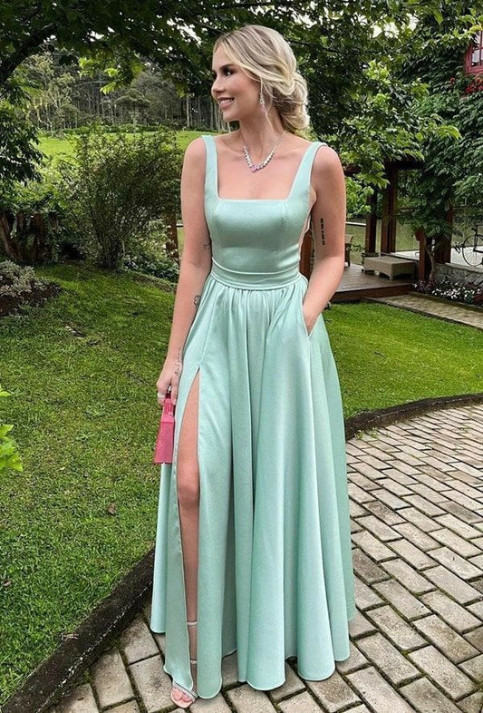 Elegante vestido de fiesta de satén verde menta con escote cuadrado y corte A, ideal para celebrar 20 cumpleaños o 18 años, DH779