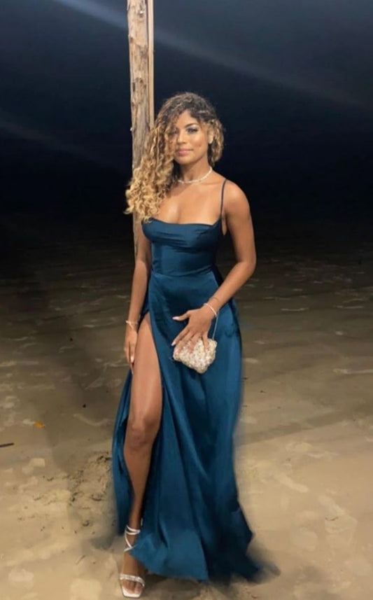 Elegante vestido de fiesta azul marino con corte en A y tirantes finos, con abertura, para verano, para 20 cumpleaños y 18 años, DH784