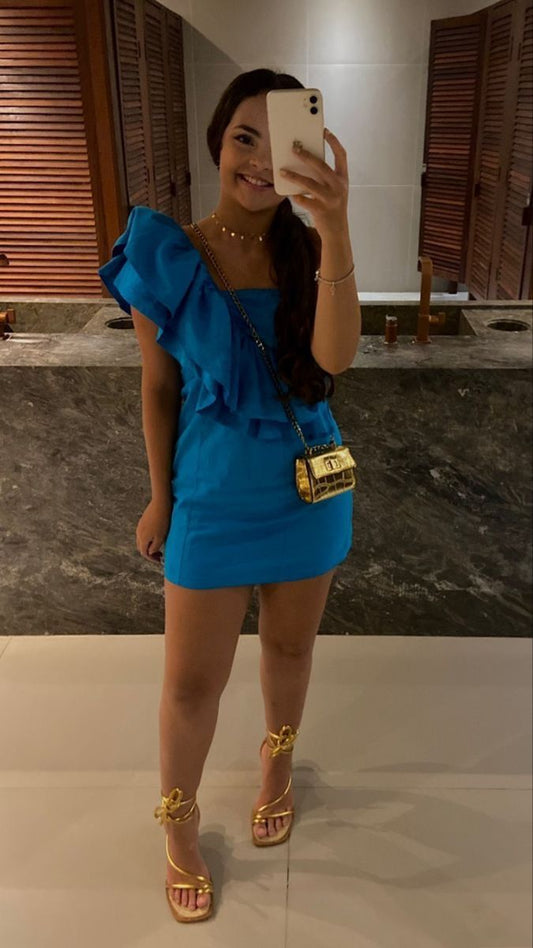 Vestido corto de satén azul con un solo hombro, estilo formal para octavo grado, para verano, para escuela secundaria, para el regreso a casa, para 25 años, DH789