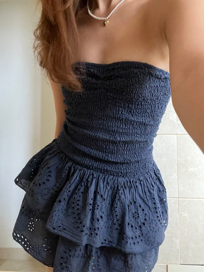 Cute A line Strapless Navy Blue Lace Mini Short Formal 8th Grade Homecoming Dresses Summer Middle School Hoco Dress Homecoming Outfits 25 Birthday Dress DH797