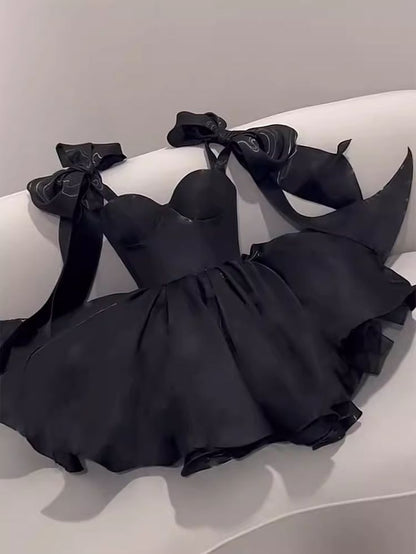 Hermosos vestidos de fiesta cortos de satén negro con corte en A para octavo grado, vestidos de verano para escuela secundaria, trajes de fiesta DH805